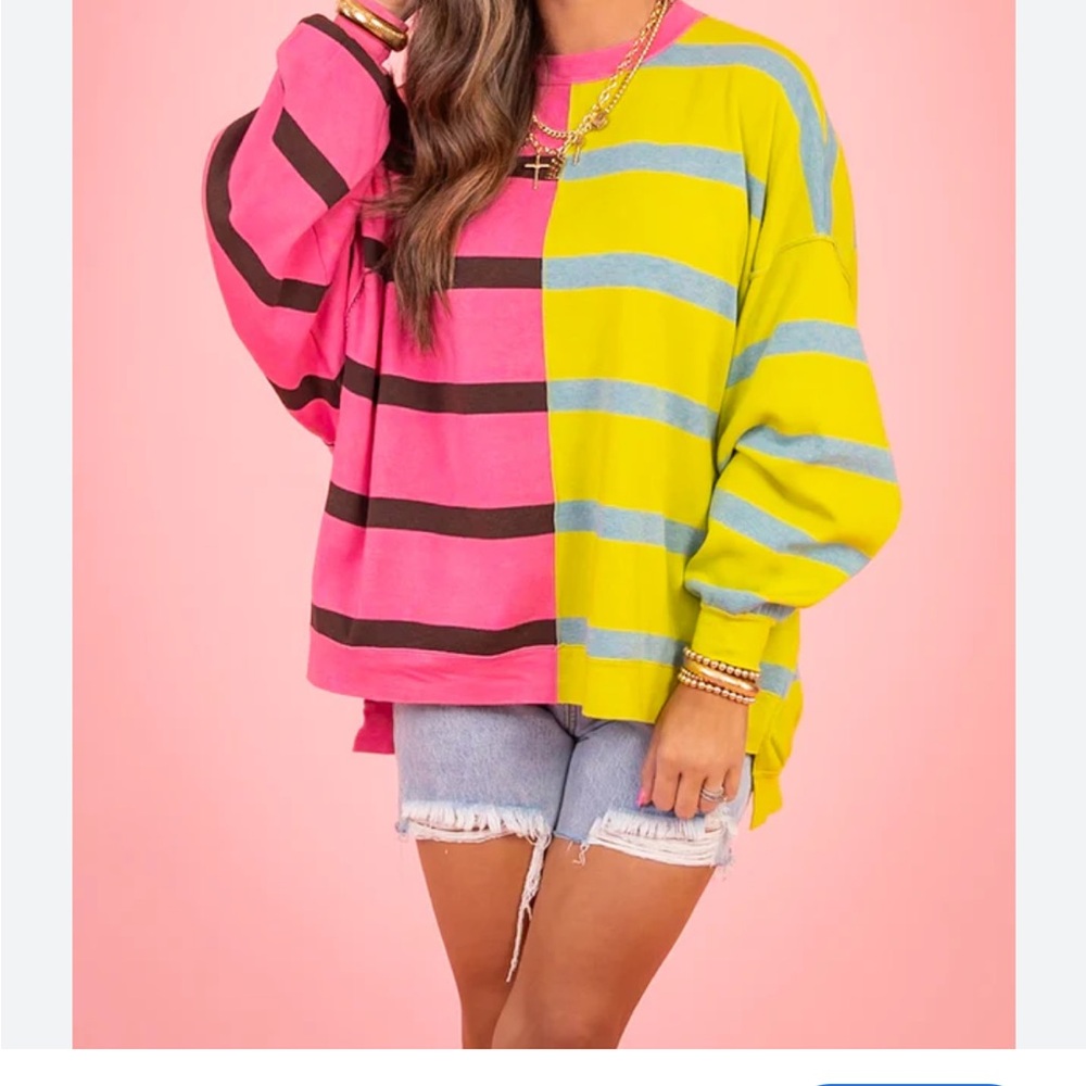 $128 Free People Colorblock Striped Crewneck Sweater - Hot Pink & Lemon - Picture 4 of 7